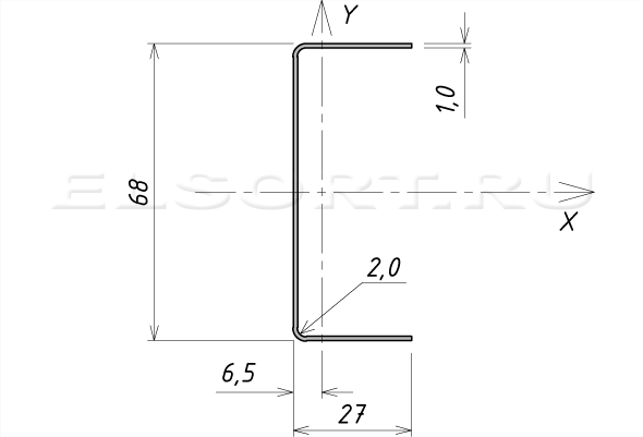 Швеллер 68х27х1 гнутый равнополочный - размеры, геометрические характеристики