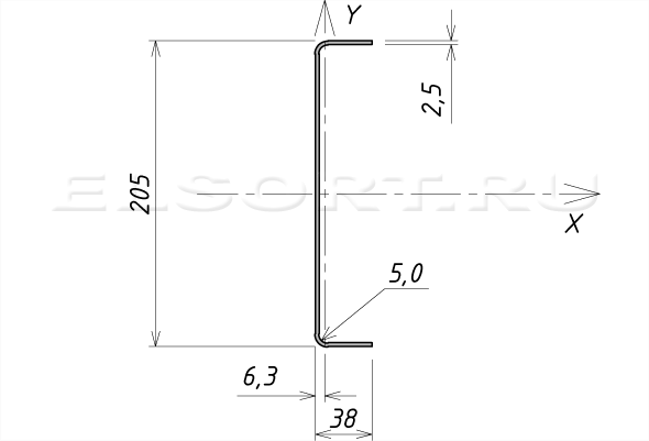 Швеллер 205х38х2,5 гнутый равнополочный - размеры, геометрические характеристики